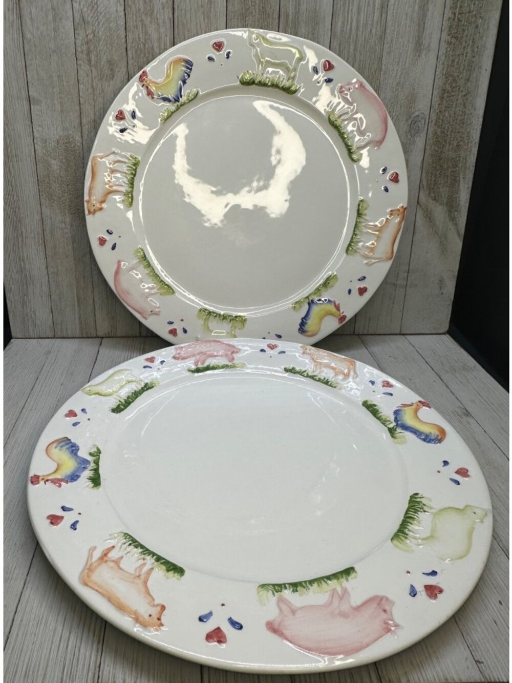 Vtg Stefani Farmhouse Animals Pig Rooster Cow 12.5" Dinner Plate Charger Set 2